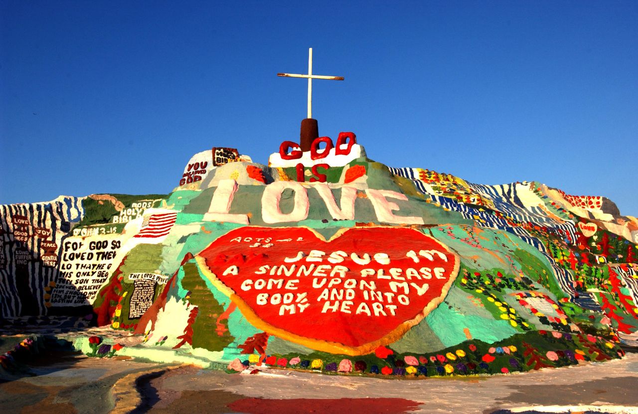 Salvation Mountain creator Leonard Knight wanted to express that "God is Love." This 50-foot tall adobe mountain in the California desert was his canvas.