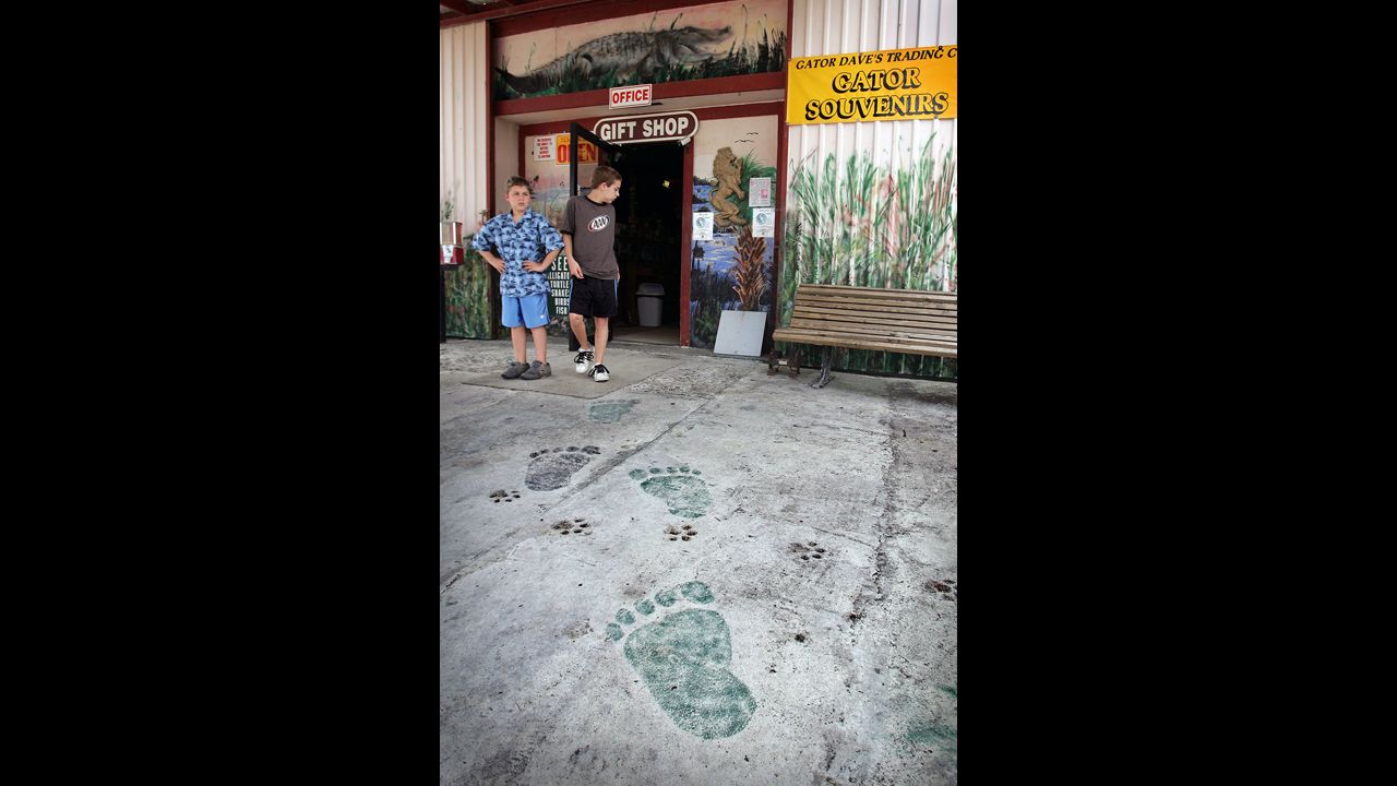 Painted footprints mark the entrance to the Skunk Ape Research Headquarters shown in Ochopee, Florida. Founder Dave Shealy has devoted decades to proving the existence of the Florida skunk ape.