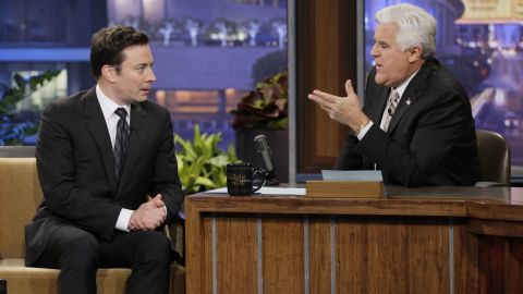 Jay Leno, right, interviews Jimmy Fallon during a taping of "The Tonight Show" on Monday, February 3. Leno will be handing over the late-night talk show to Fallon this month, ending his 22-year reign as a king of late night. Here's a look back at Leno's career.