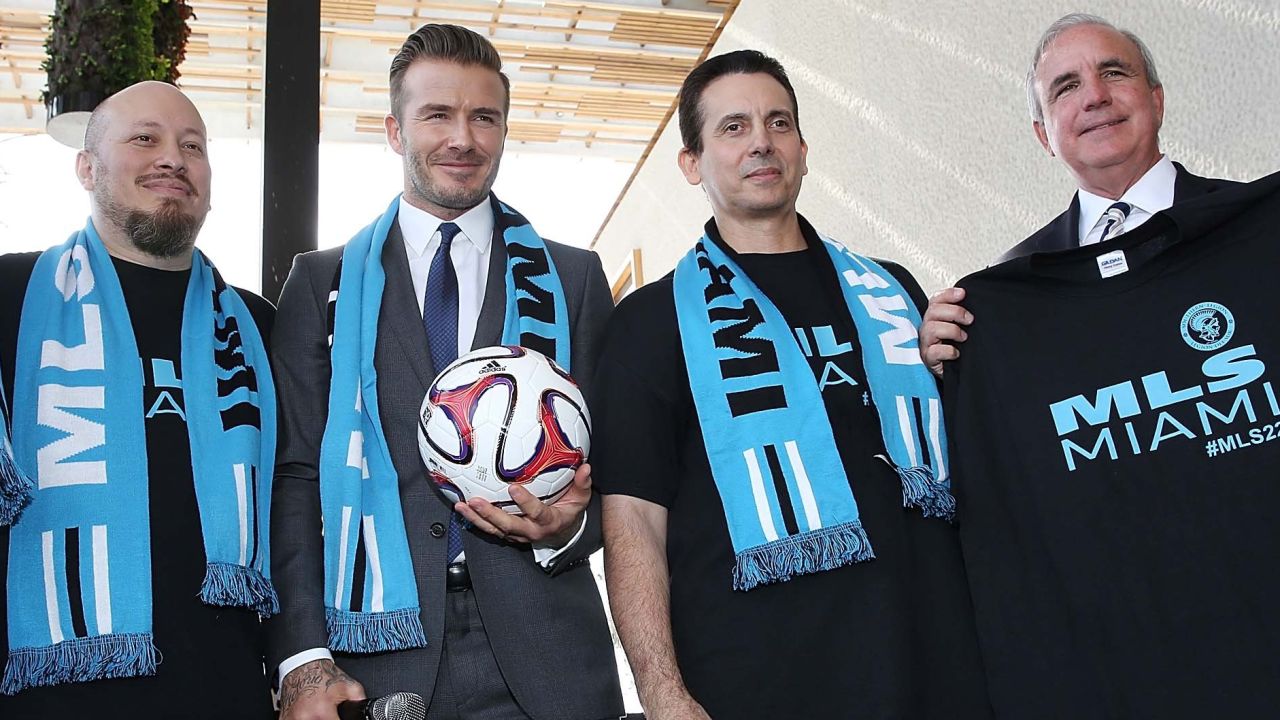 MIAMI, FL - FEBRUARY 05: Commissioner Don Garber, David Beckham and Mayor Carlos Gimenez attends a press conference to announce their plans to launch a new Major League Soccer franchise at PAMM Art Museum on February 5, 2014 in Miami, Florida. (Photo by Aaron Davidson/Getty Images)