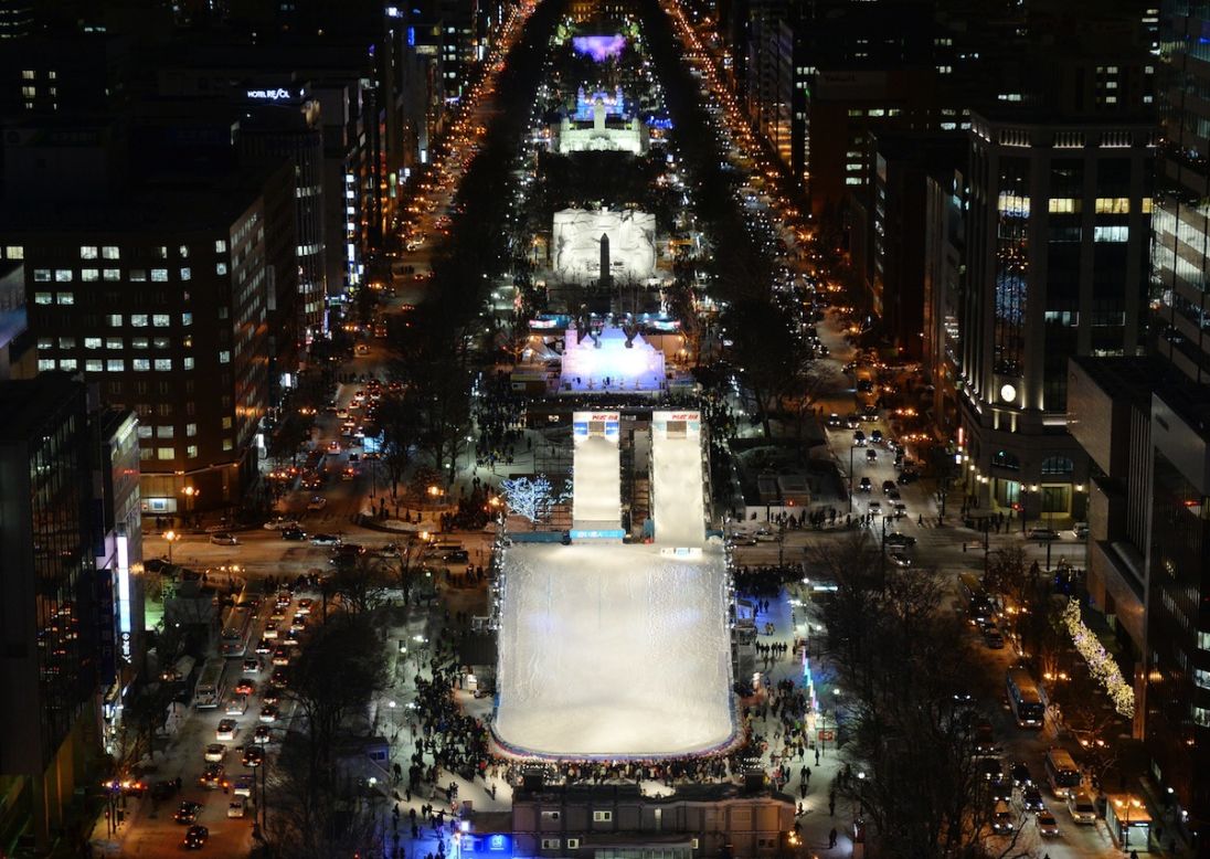 The Sapporo Snow Festival is spread over three sites. Odori Park (pictured) is the main venue. It stretches through downtown Sapporo and features all of the international-themed snow and ice sculptures. 