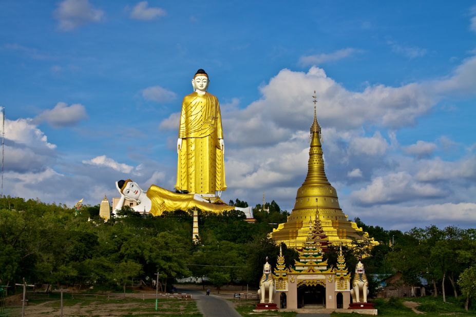 Bodhi Tataung consists of two Buddhas in Monywa, Sagaing Region. Laykyun Setkyar Standing Buddha is a total of 129 meters tall. The 95-meter-long reclining Buddha nearby houses a temple, which has an entrance in the statue's rear end. 