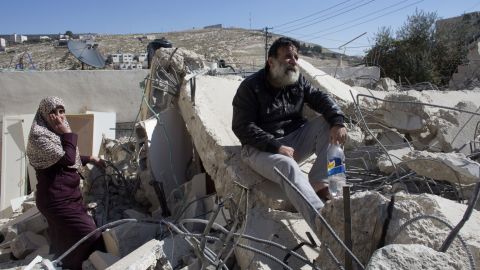 A Palestinian man's (pictured) house was demolished by Israeli authorities on February 5, 2014 in Jabel Mukaber.
