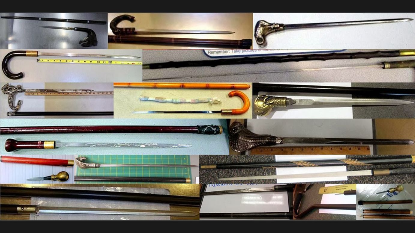 Solo algunos de los bastones espadas descubiertos en el 2013. La TSA examinó a más de 600 millones de pasajeros el año pasado. 