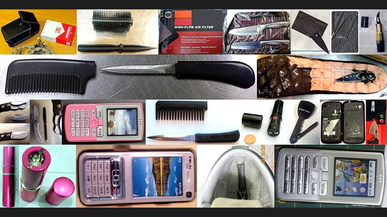 Some of the items used ingenious ways to try to circumvent the officials. A cigarette pack stun gun, a dagger concealed within a brush, a credit card knife, a lipstick knife, a stun gun cell phone, a lipstick stun gun and a razor concealed in a cell phone were all confiscated in 2013.