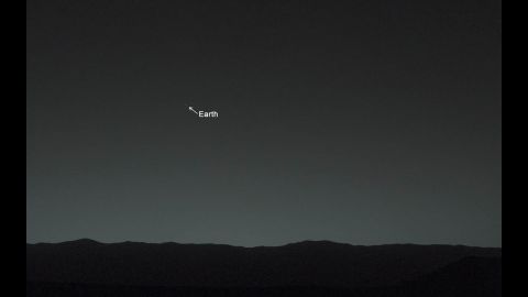 This view of the twilight sky and Martian horizon, taken by Curiosity, includes Earth as the brightest point of light in the night sky. Earth is a little left of center in the image, and our moon is just below Earth. A human observer with normal vision, if standing on Mars, could easily see Earth and the moon as two distinct, bright "evening stars."