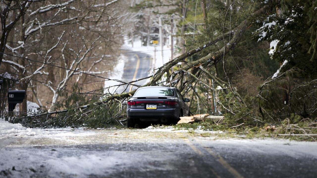 A tree limb fallen across a utility line and an abandoned car block a road in Media, Pennsylvania, on Thursday, February 6.