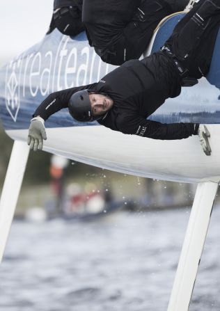 Sailors are stretched to their limit throughout the events. Here, Realteam bowman Thierry Wasem holds on by his feet as he tries to keep his crew on track.