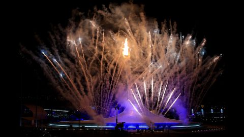 Fireworks explode over Fisht Olympic Stadium in Sochi, Russia, as the Olympic cauldron is lit during the opening ceremony of the 2014 Winter Games on Friday, February 7.