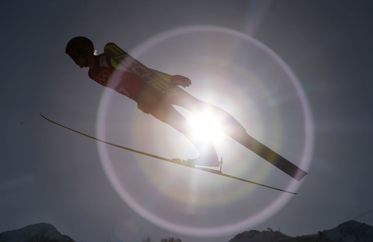 FEBRUARY 7 - KRASNAYA POLYANA, RUSSIA: Czech Republic's Roman Koudelka trains for the men's ski jump at the 2014 Winter Olympics. <a href="http://cnn.com/2014/02/07/world/europe/russia-sochi-winter-olympics/index.html?hpt=hp_t2">Russia kicks off the opening ceremony Friday </a>in Sochi as the world turns its attention to the costliest Olympic Games in history.