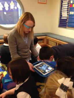 Margaret Powers wore Google Glass while introducing Pre-K students to a Mars rover augmented reality app.