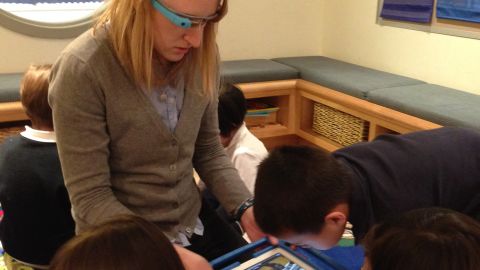 Margaret Powers wore Google Glass while introducing Pre-K students to a Mars rover augmented reality app.