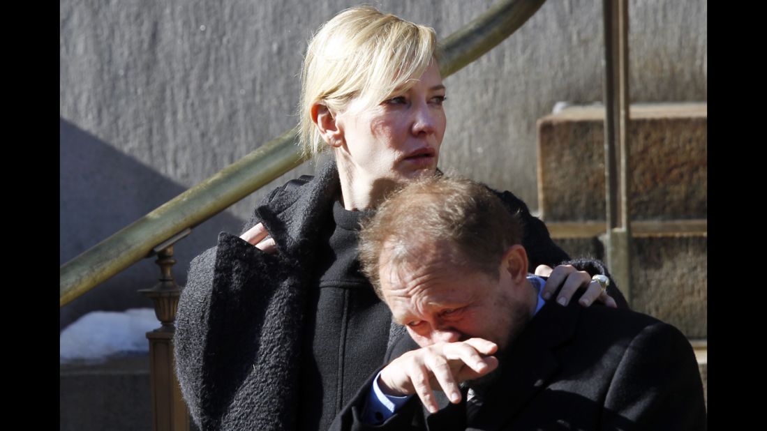 Actress Cate Blanchett and her husband, Andrew Upton, leave the funeral service. Hoffman and Blanchett co-starred in "The Talented Mr. Ripley."