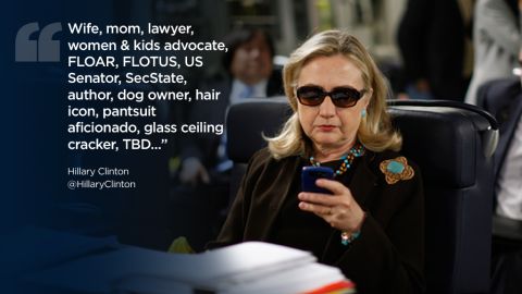 Clinton's Twitter page features a clever bio and the iconic photo that helped launch a meme.