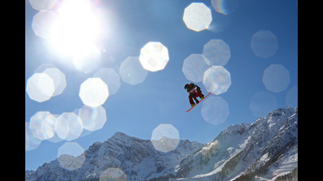 Snowboarder Yuki Kadono of Japan competes during the men's slopestyle final February 8.