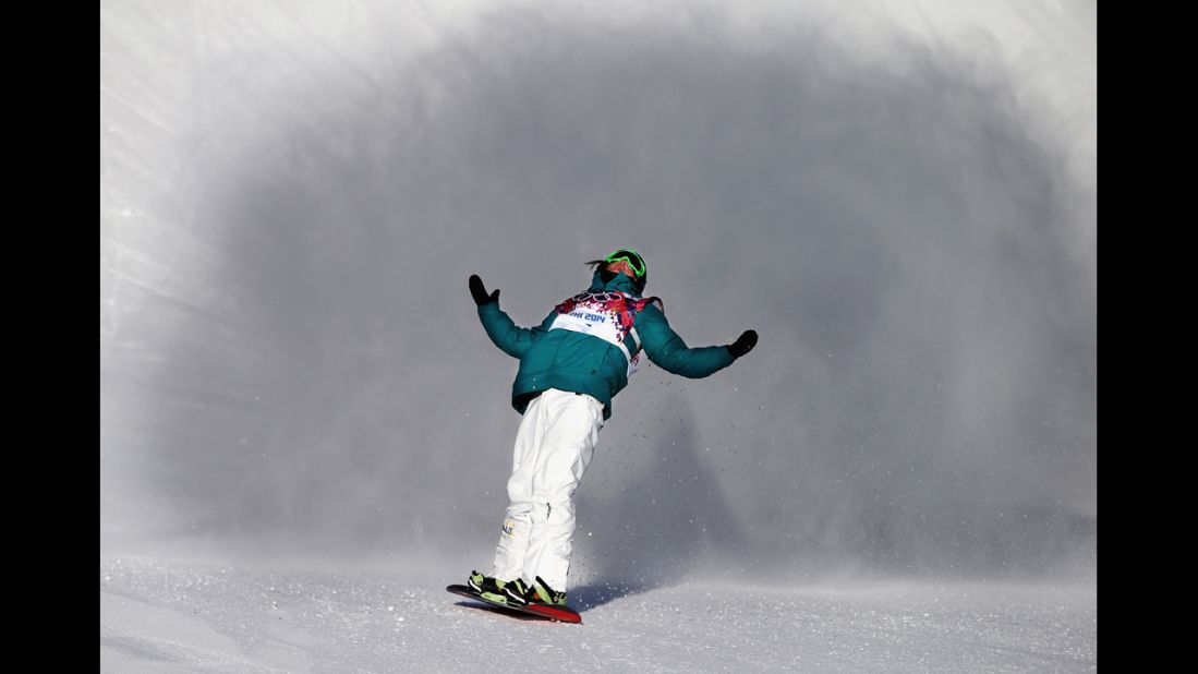 Snowboarder Scotty James of Australia reacts during the slopestyle semifinals.