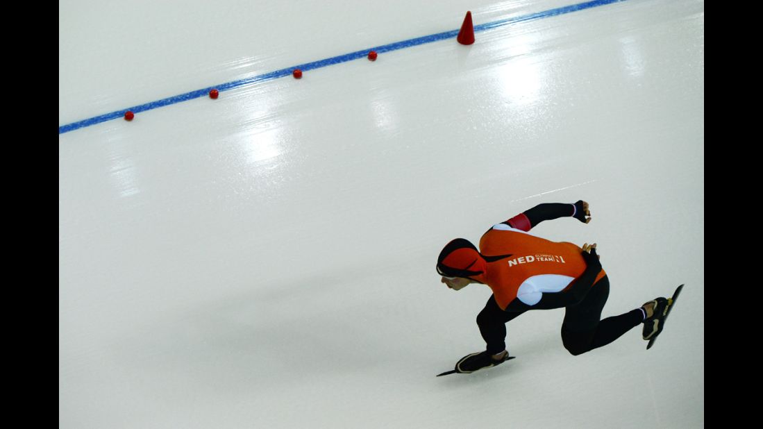 A picture taken with a robotic camera shows Dutch speedskater Sven Kramer competing in the 5,000 meters. Kramer won gold in the event for the second straight Olympics.