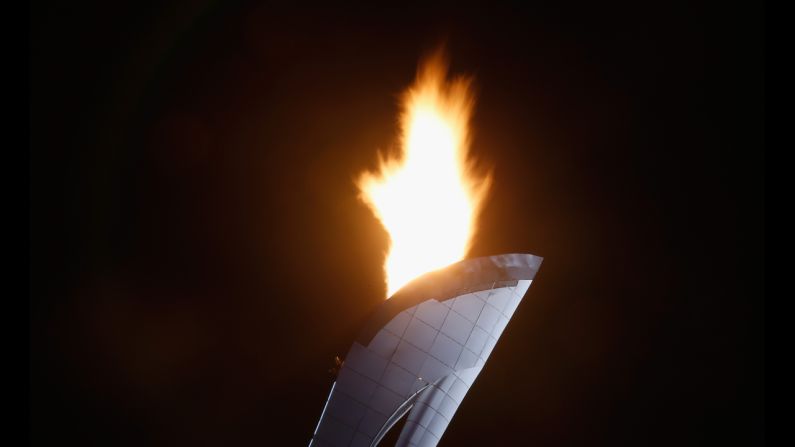 The Olympic cauldron is seen over Olympic Park on February 7.