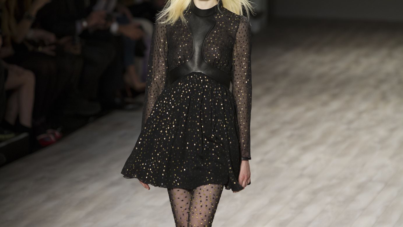A popular motif in Jill Stuart's collection was metallic polka dots (seen here on the dress and tights).