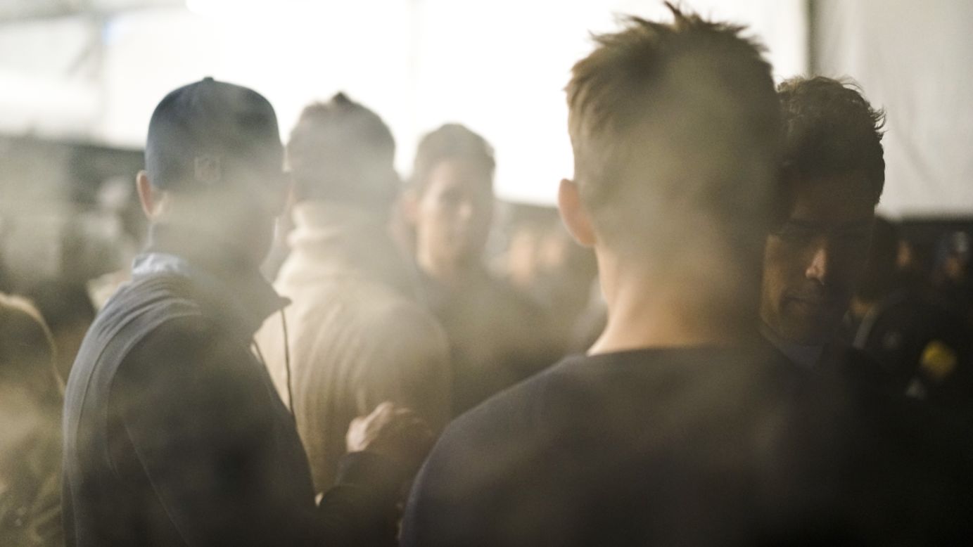 Theatrical smoke from the runway fills the backstage area of the Black Sail by Nautica show on February 7.