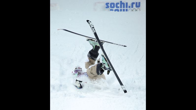 Norway's Hedvig Wessel takes a tumble during qualifying for the women's moguls event on February 8.