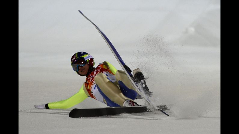 South Korean ski jumper Choi Heung-Chul falls while competing in the men's normal hill event February 8.