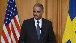 U.S. Attorney General Eric Holder delivers a speech at the Swedish Parlament in Stockholm, Sweden, February 4.