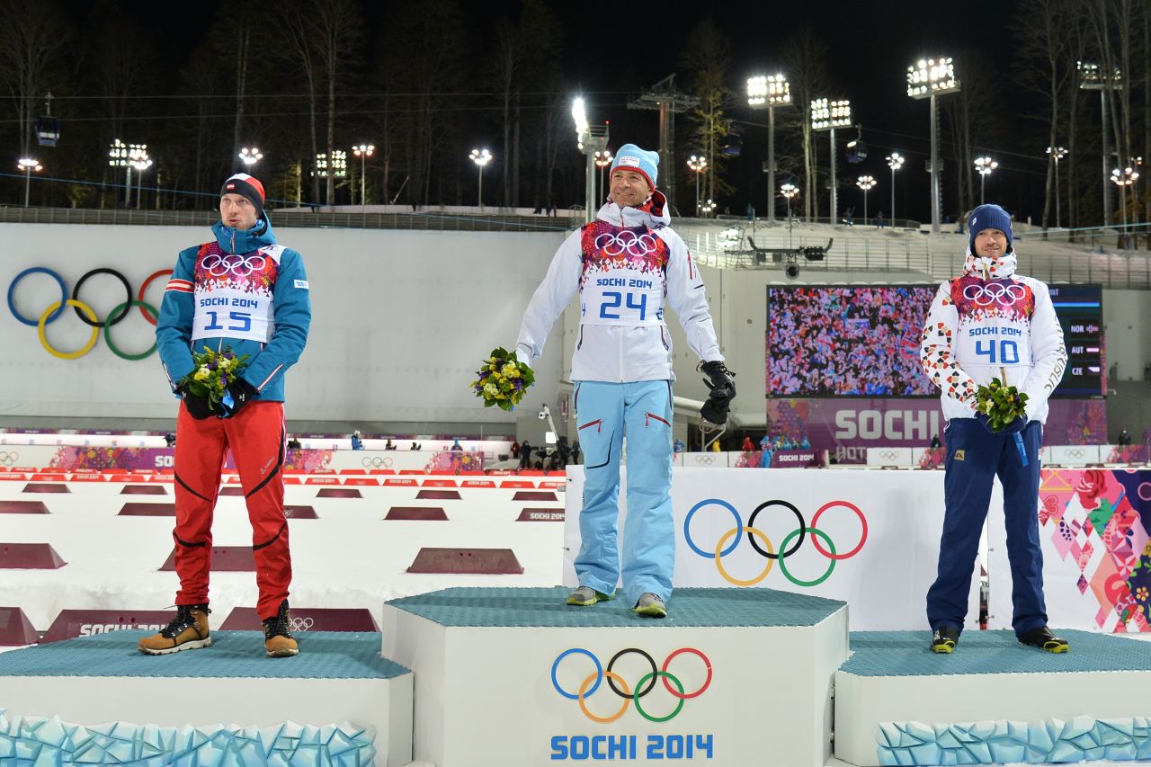(From left to right) Silver medalist Austria's Dominik Landertinger, Gold medalist Norway's Ole Einar Bjoerndalen, and Bronze medalist Czech Republic's Jaroslav Soukup. Norway are top of the medal table after day one with two golds, one silver and one bronze.