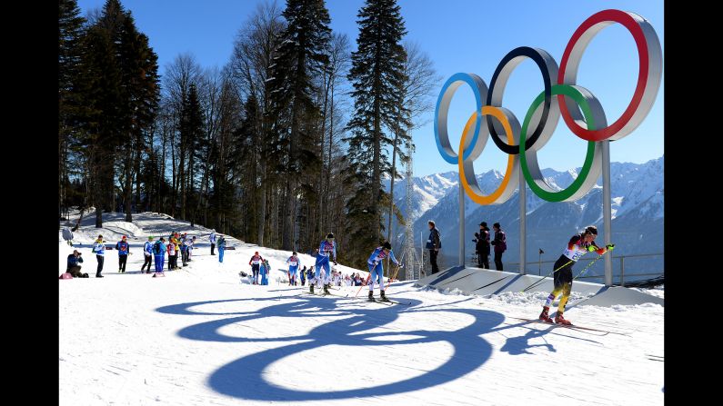 Athletes compete in the women's skiathlon on February 8. 
