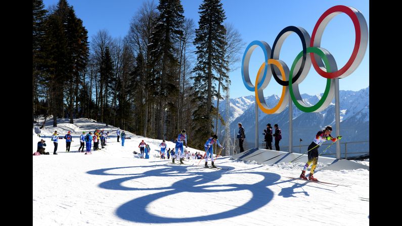 Athletes compete in the women's skiathlon on February 8.