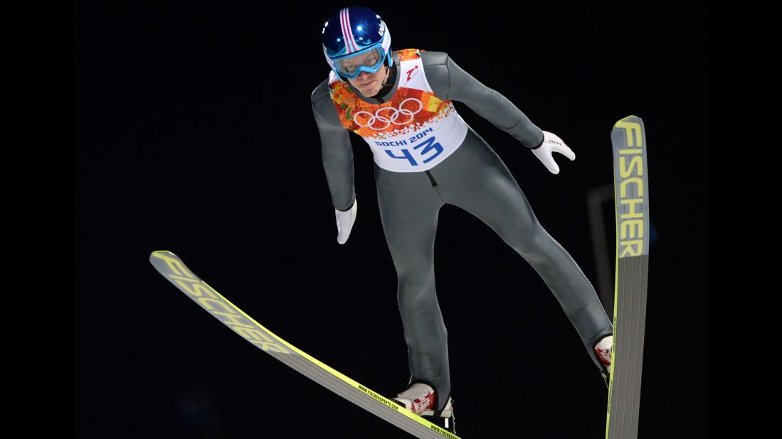 Austria's Michael Hayboeck competes in the men's normal hill ski jump on February 8.