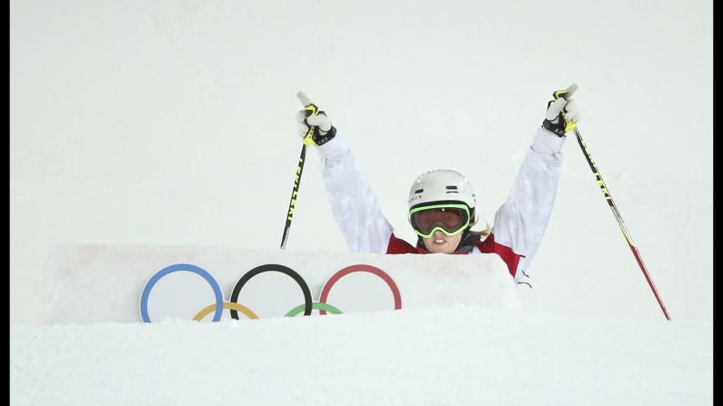 Justine Dufour-LaPointe approaches a jump February 8 during the finals of the women's moguls.