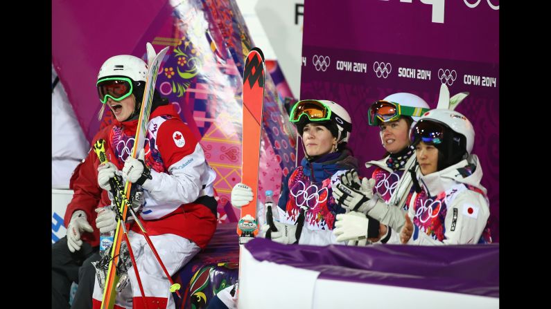 Justine Dufour-Lapointe celebrates after taking the gold in the moguls.