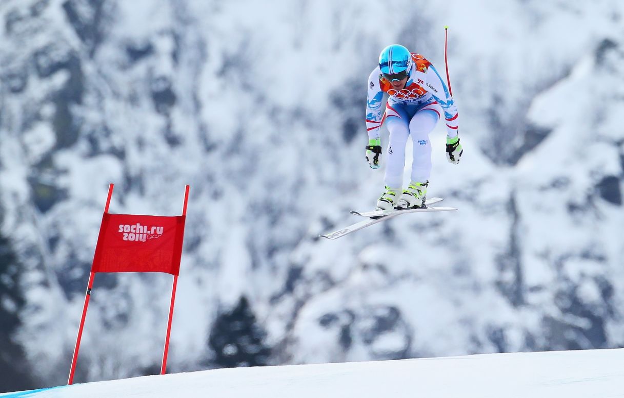Mayer goes airborne during his brilliant run on the Rosa Khutor downhill course at Sochi.