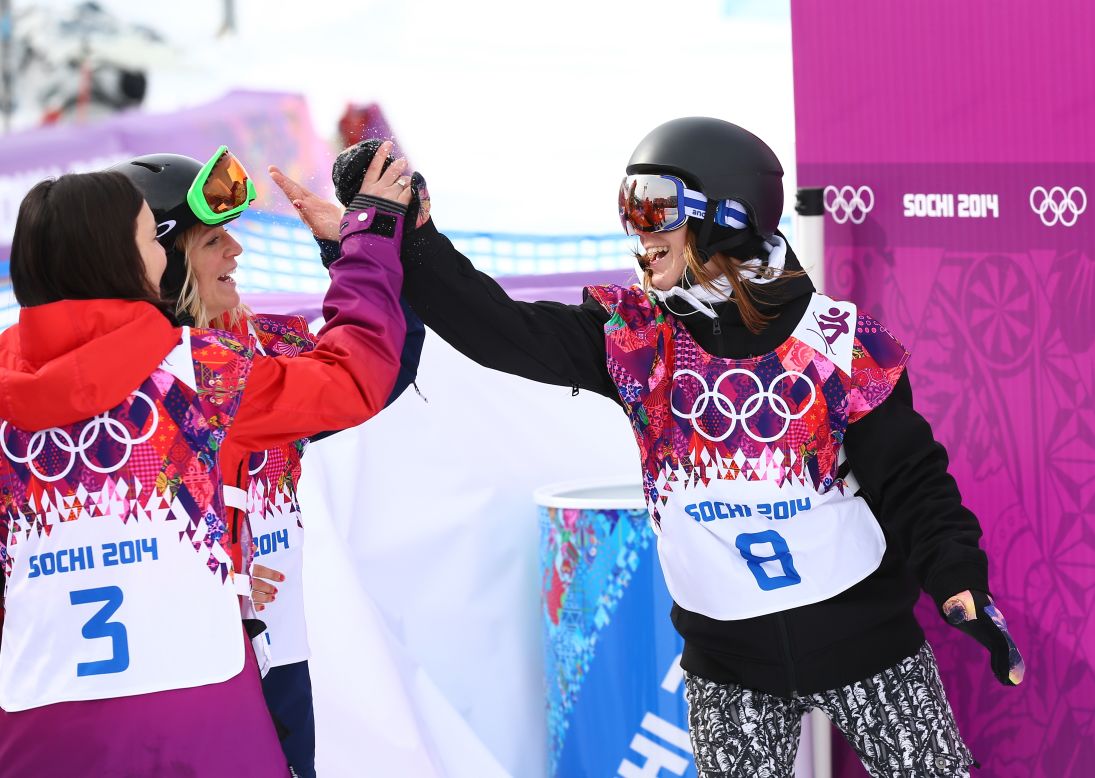 Enni Rukajarvi of Finland and Jenny Jones of Great Britain celebrate after their medal-winning runs in the exciting new discipline.