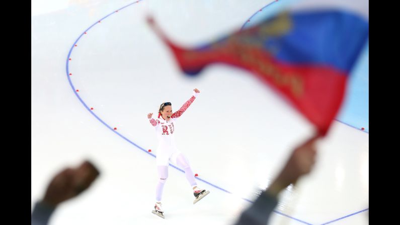 Olga Graf of Russia competes during the 3,000-meter speedskating event February 9.