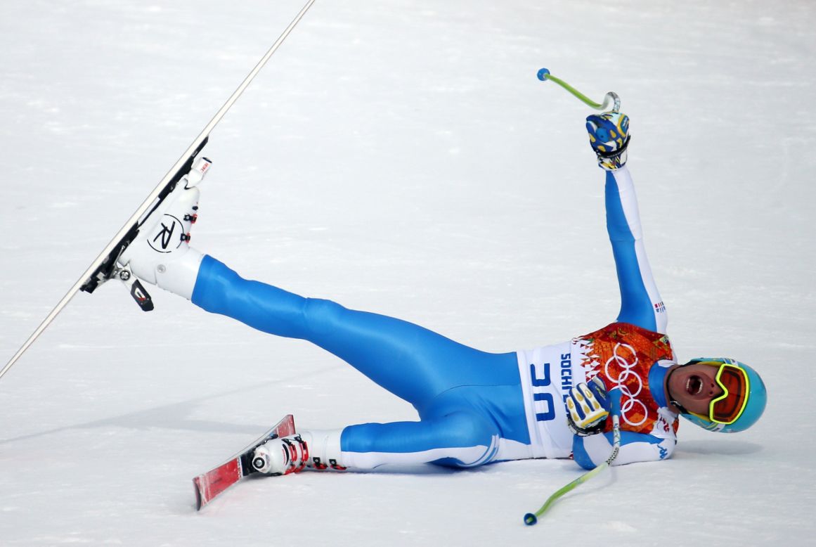 Italian skier Christof Innerhofer reacts after winning the silver medal in the men's downhill February 9.