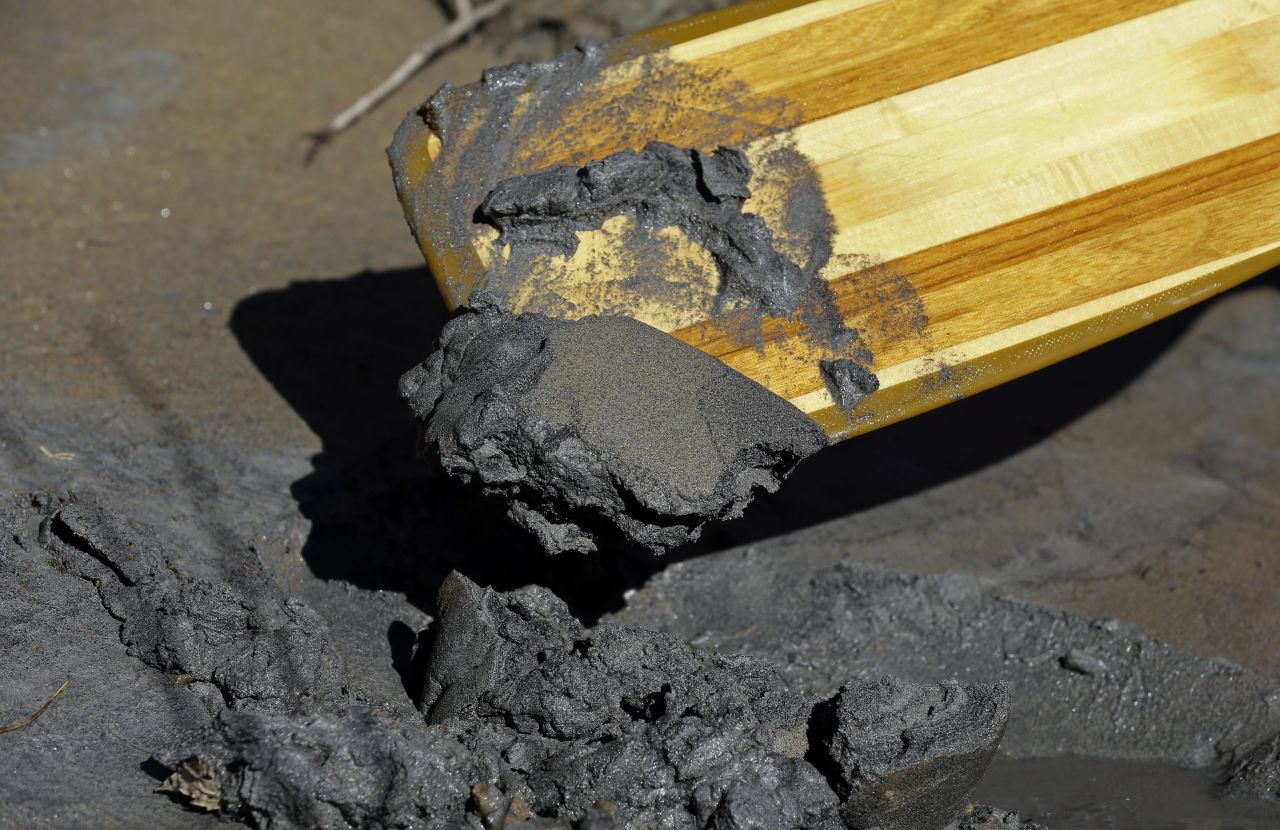 A canoe paddle is used to scoop up coal ash from the bank of the Dan River on February 5. 