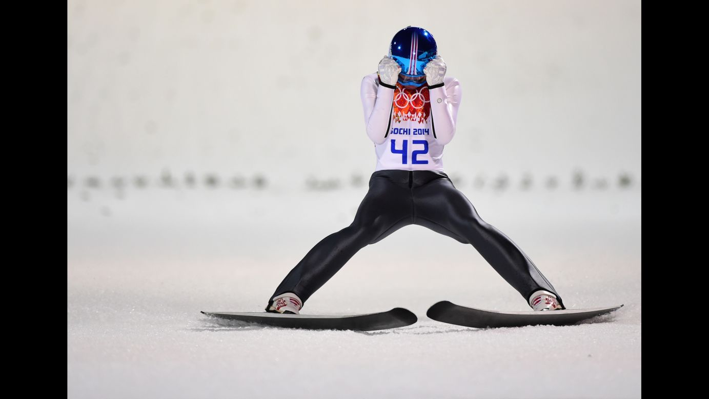 Austria's Thomas Diethart reacts as he competes in the normal hill ski jumping event on February 9. 