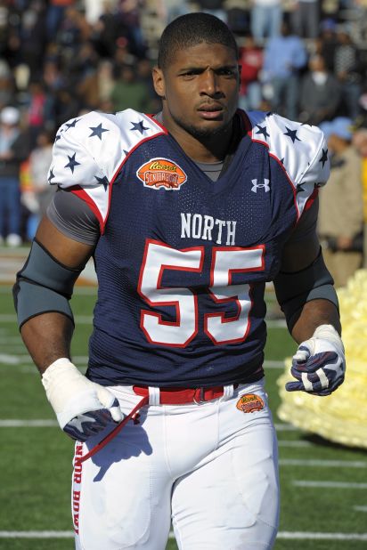 Sam runs onto the field January 25, 2014, before the NCAA Senior Bowl in Mobile, Alabama.