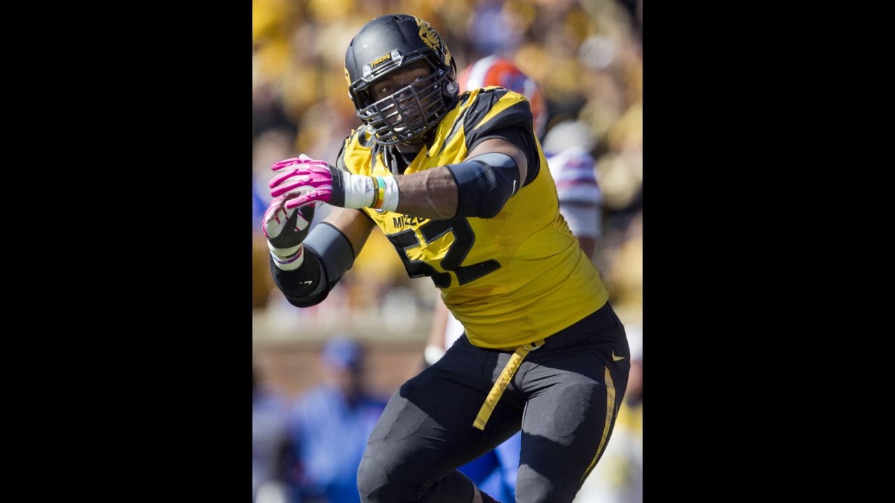 Sam celebrates a sack October 19, 2013, during the first half of a game against the Florida Gators.