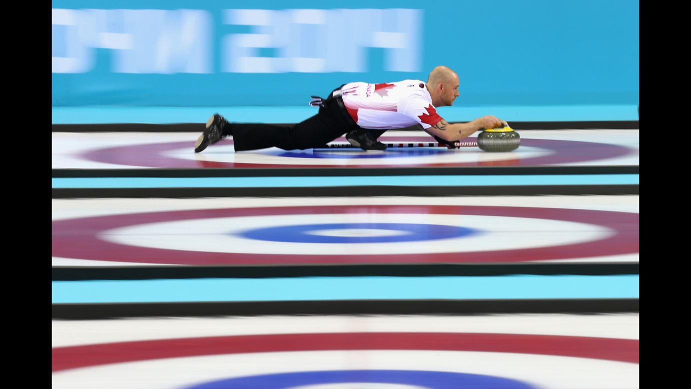 Ryan Fry, a curler from Canada, competes during a match against Germany on February 10.