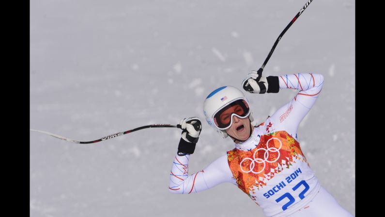American skier Julia Mancuso reacts at the end of her downhill run in the super-combined event February 10.