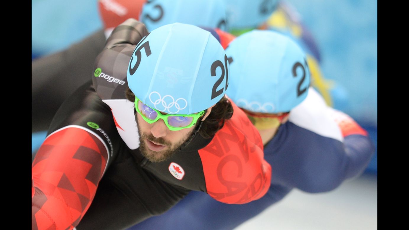 Canada's Charles Hamelin races during the 1,500-meter short track preliminaries on February 10.