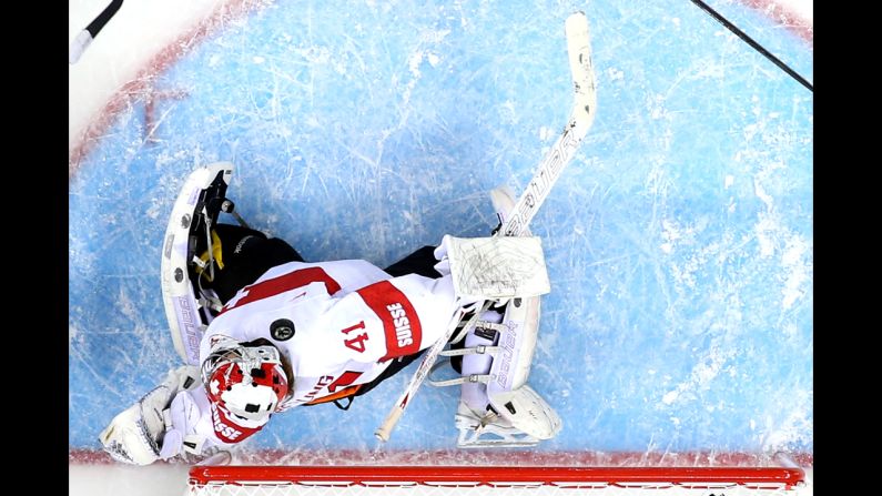 Florence Schelling tends goal for Switzerland during a game against the United States on February 10.