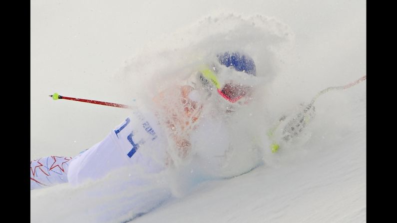 U.S. skier Laurenne Ross crashes during the women's super-combined event February 10.