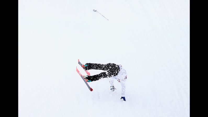 Snowboarder Otso Raisanen of Finland crashes during slopestyle training on February 10.