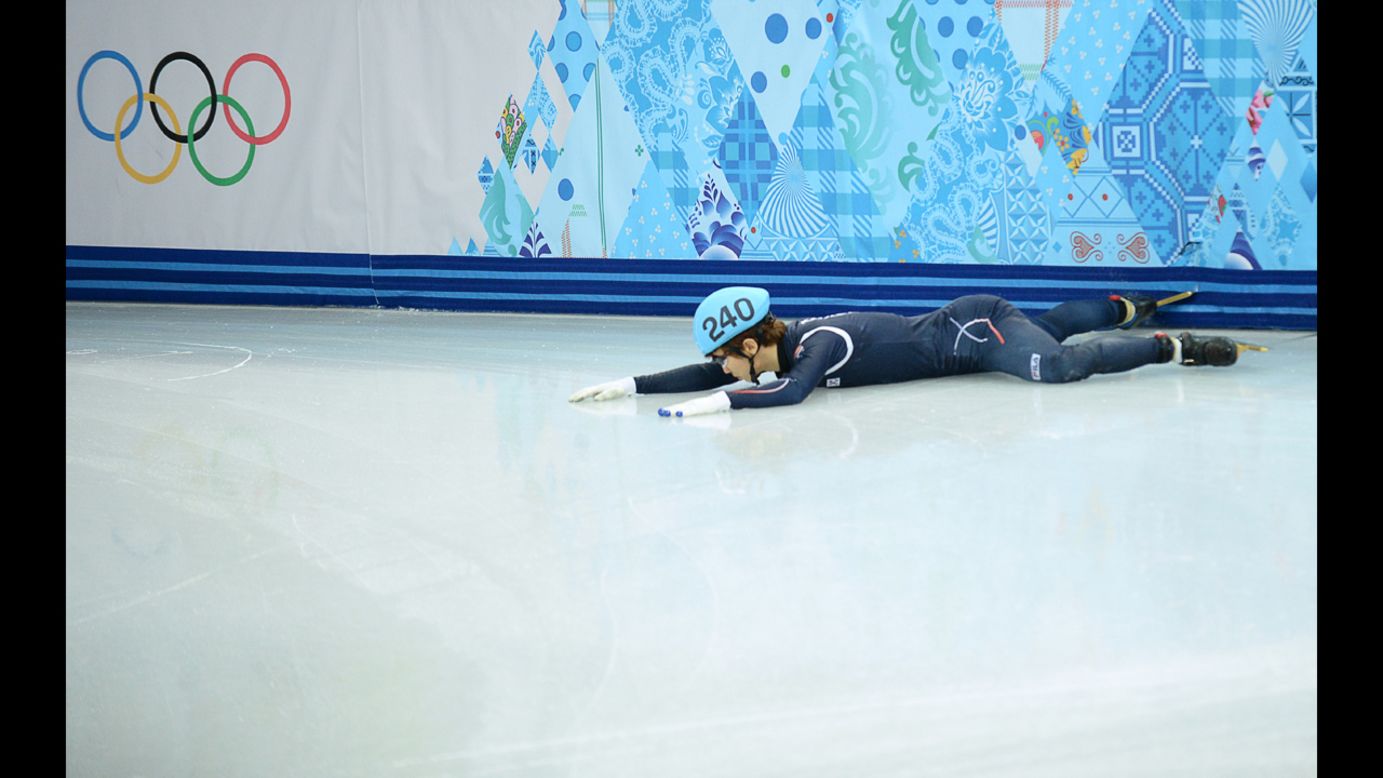 South Korea's Lee Han-Bin falls during the 1,500-meter semifinals.