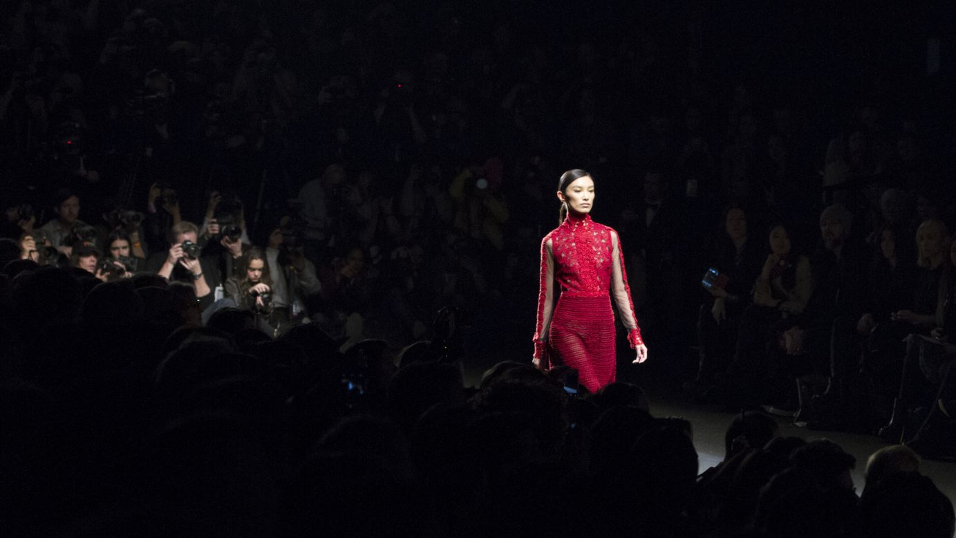 Vivienne Tam showcased her signature Eastern-inspired aesthetic with this intricately laced red dress.