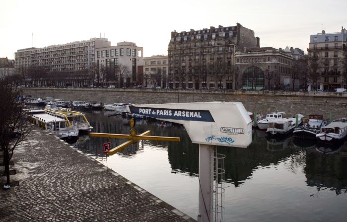 The stylish city-scene above ground at the Arsenal station, Paris.